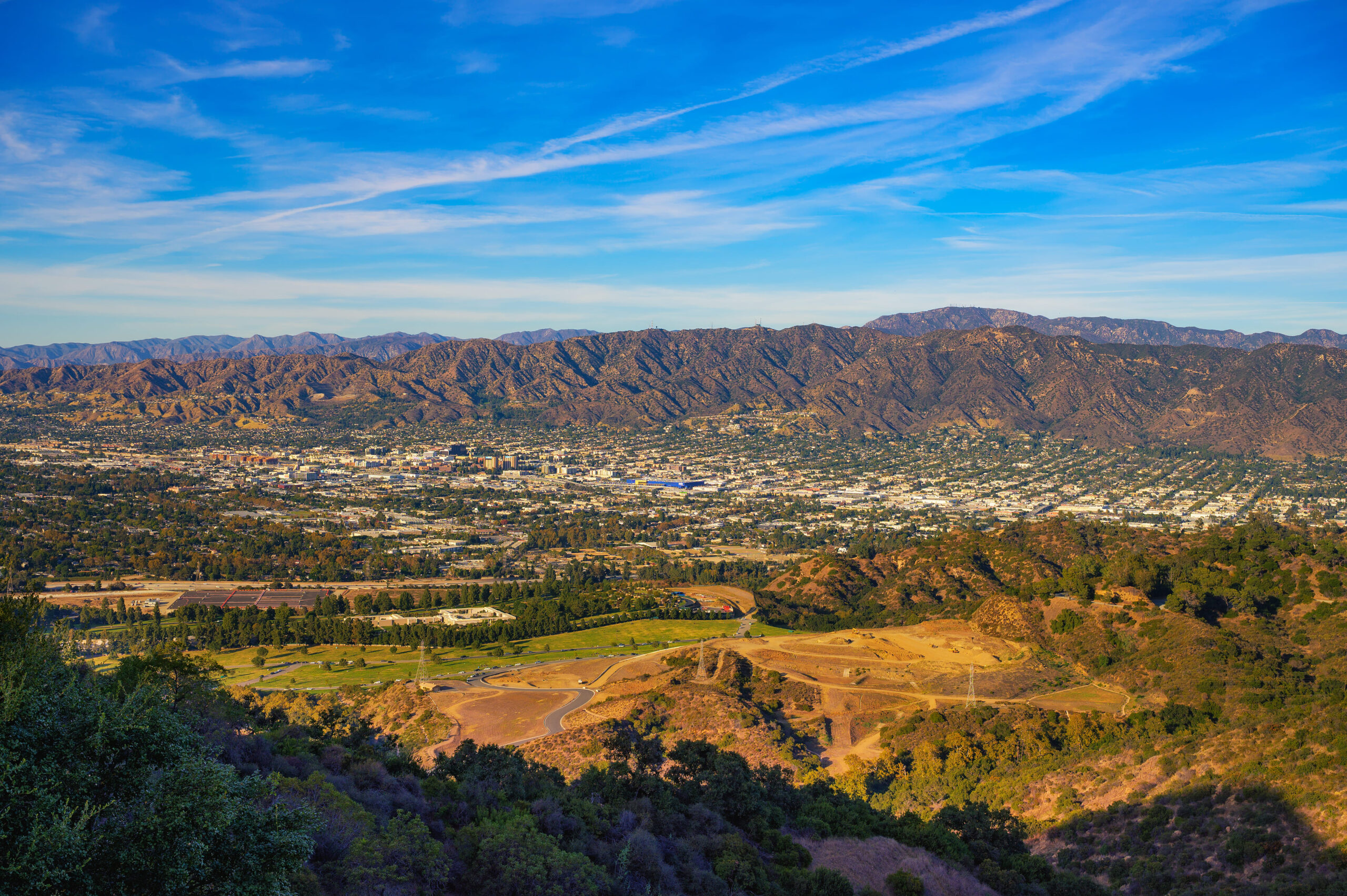 Aerial view of Burbank, California, from Mt. Lee at sunset, with the Verdugo Mountains in the background.