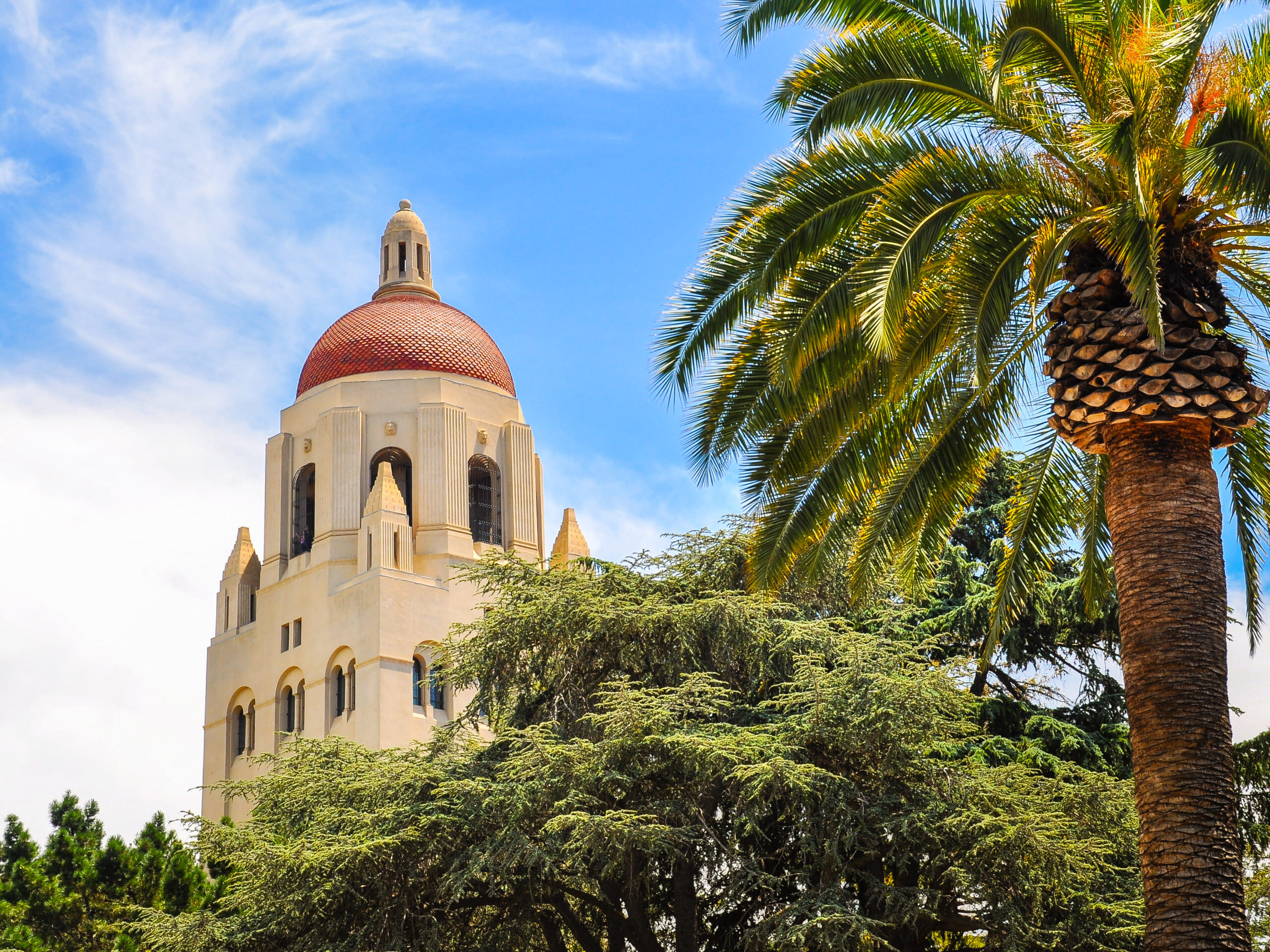 View of the Hoover Tower on the Stanford University campus in Palo Alto, CA.