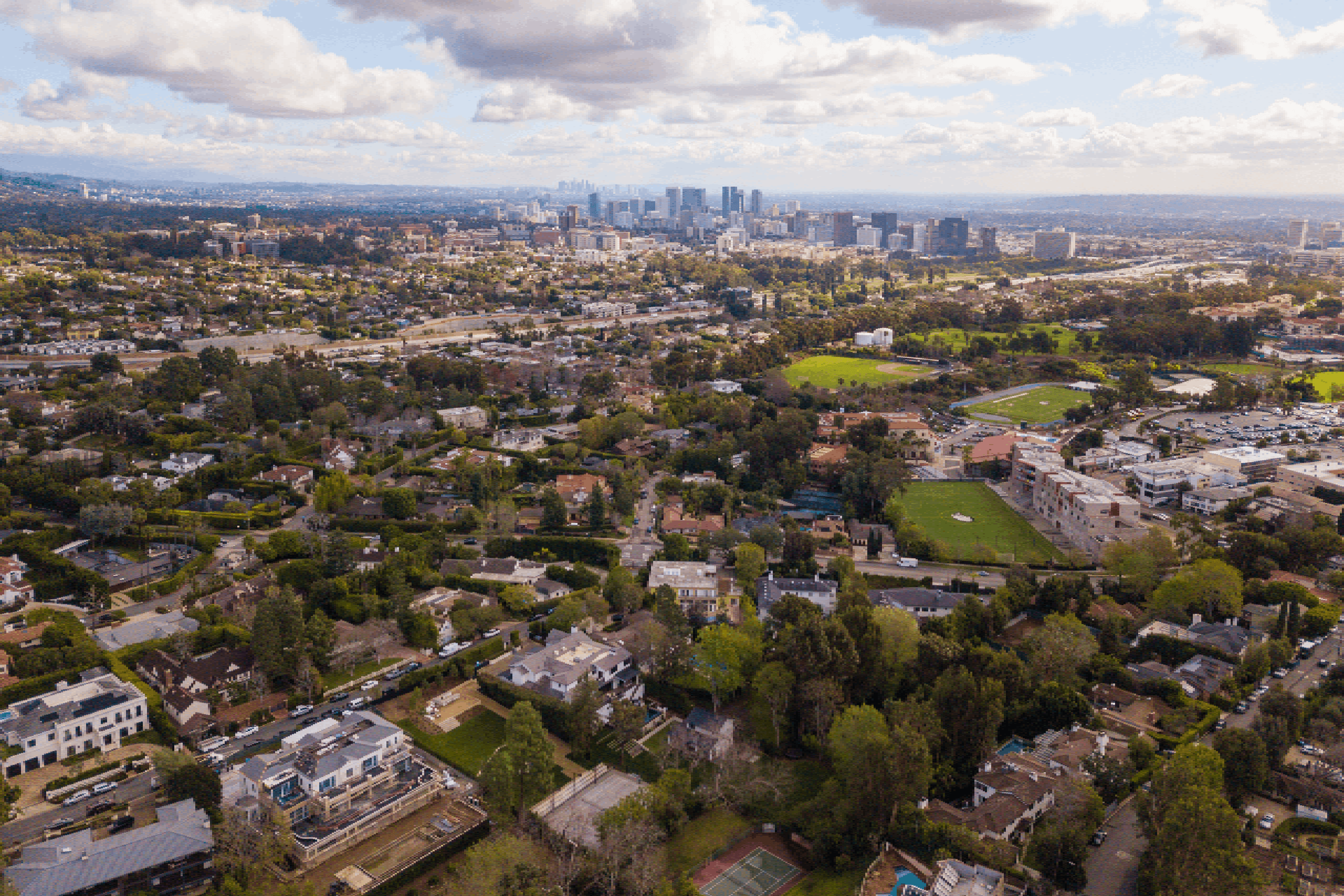 Aerial Views over Brentwood, looking towards downtown Los Angeles.