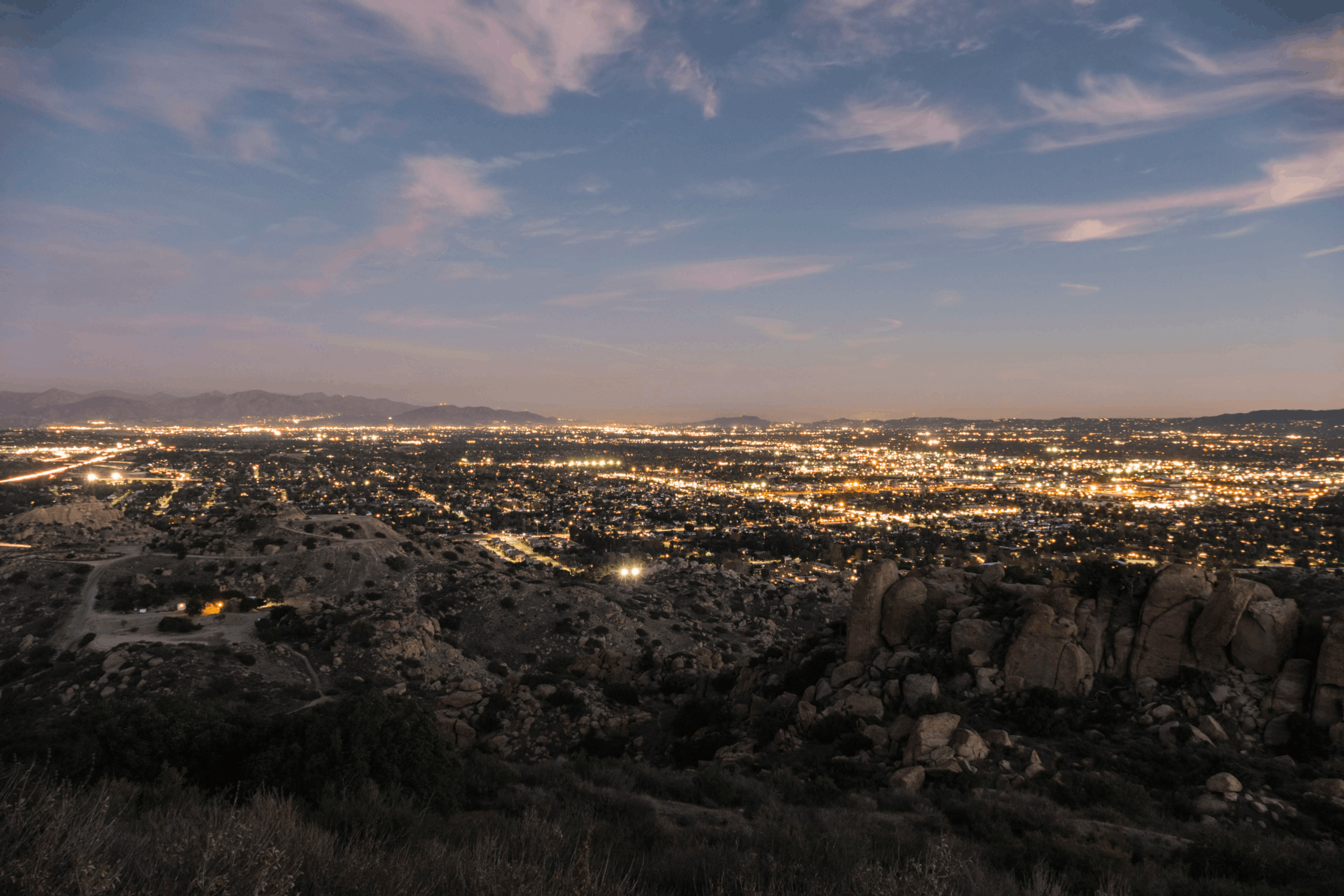 Dusk view of the west San Fernando Valley in Los Angeles, California.