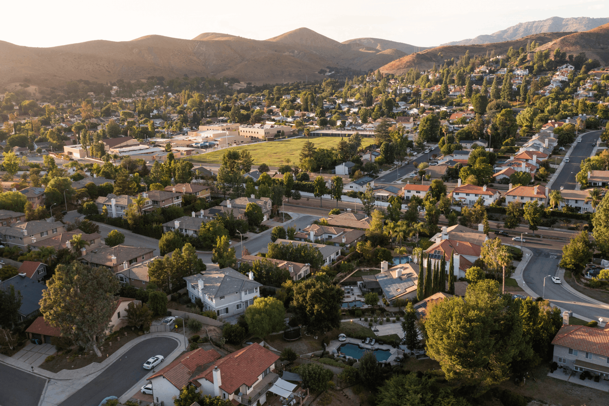 Sunset aerial view of single-family housing in Agoura Hills, California, USA.