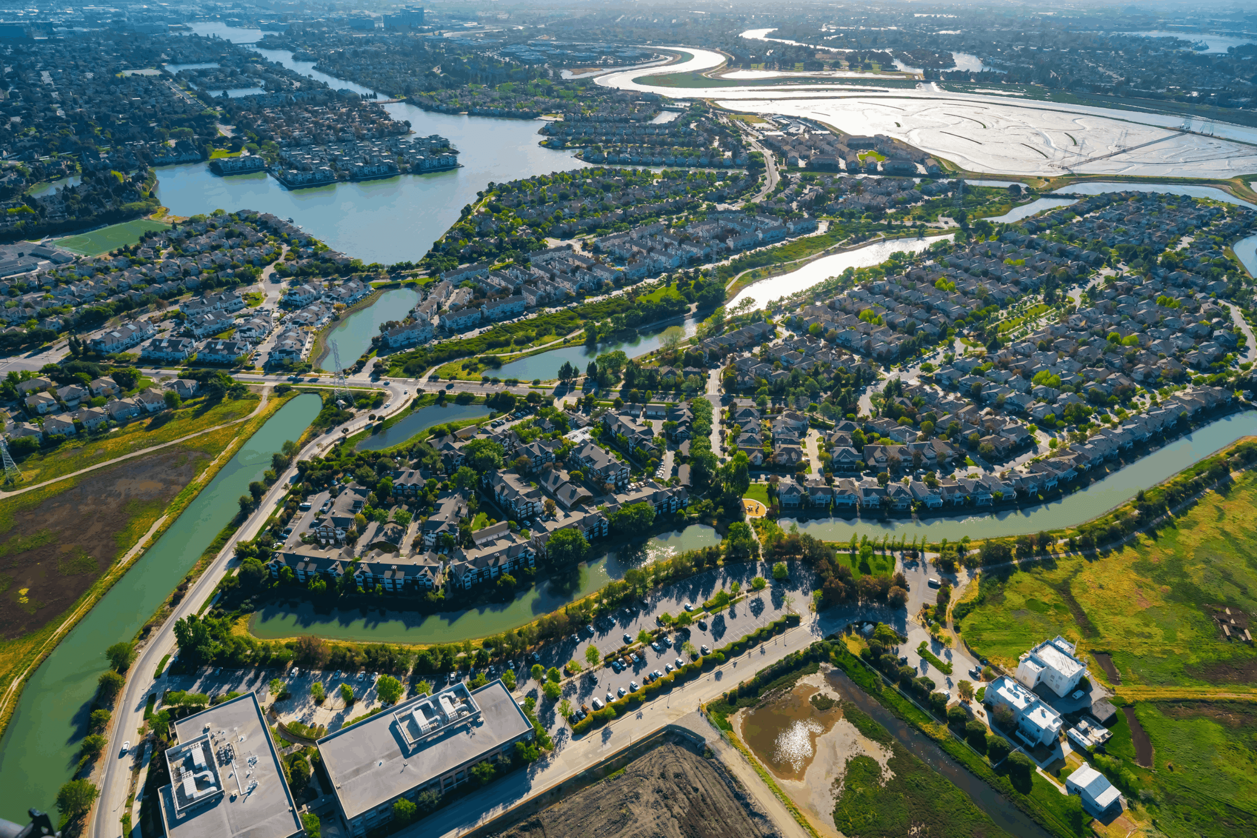 Aerial view of residential real estate homes in Foster City, CA