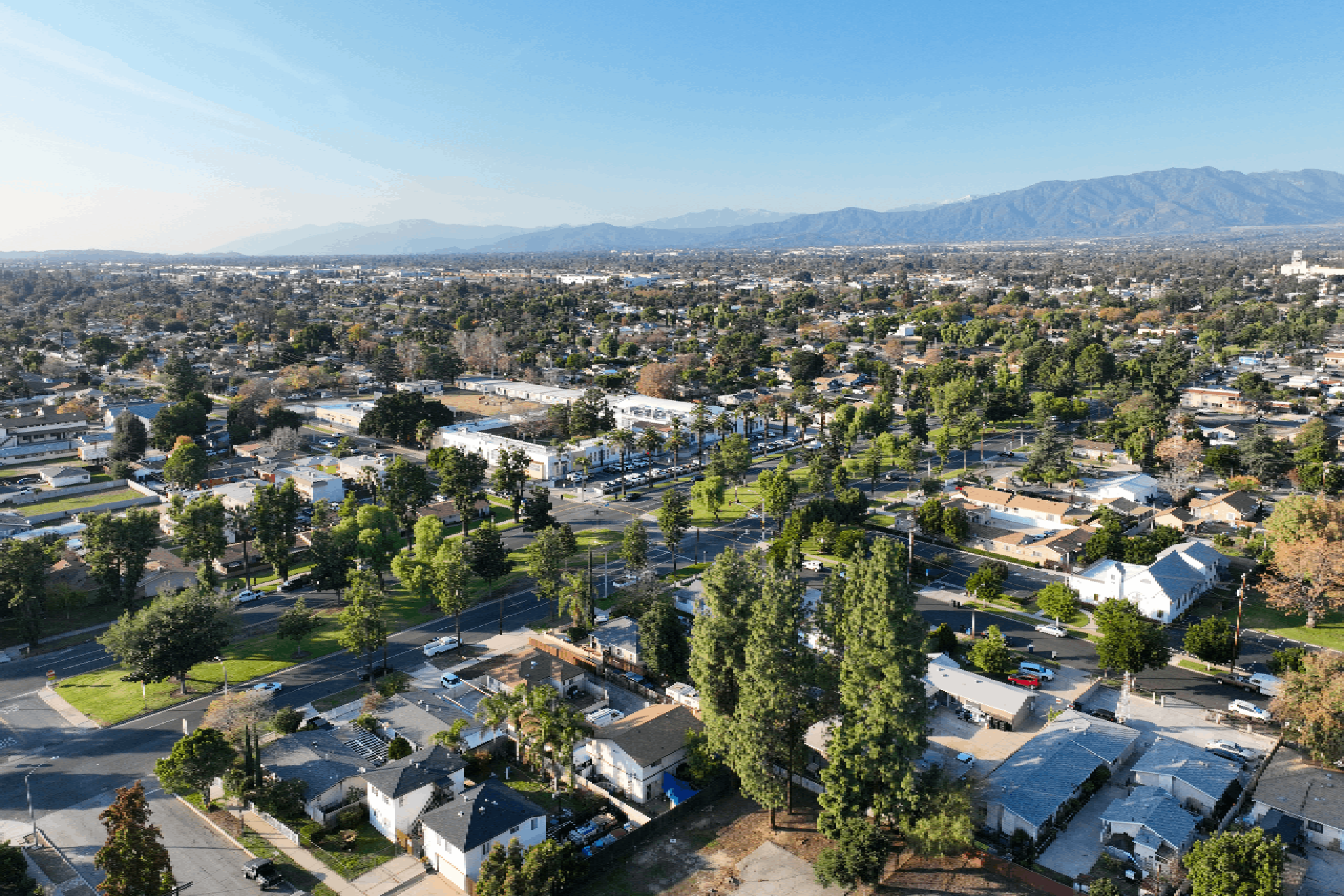 Aerial view of Ontario city in California with mountains in the background, California, USA