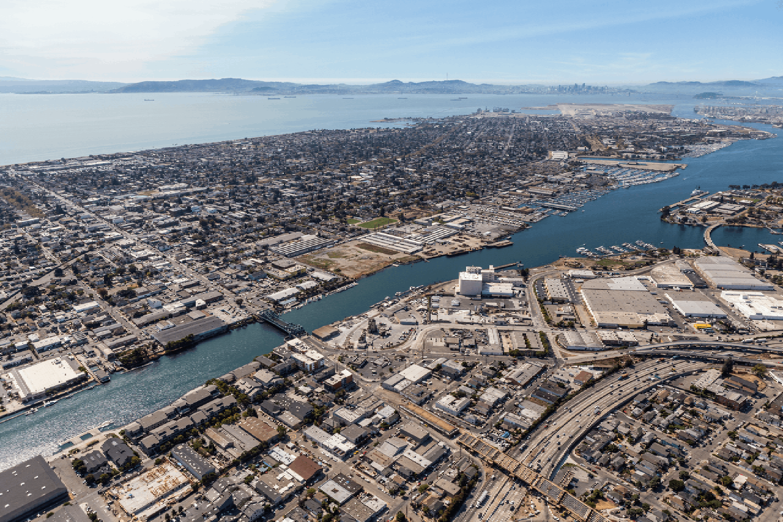 Aerial view of Alameda Island and the San Francisco Bay.