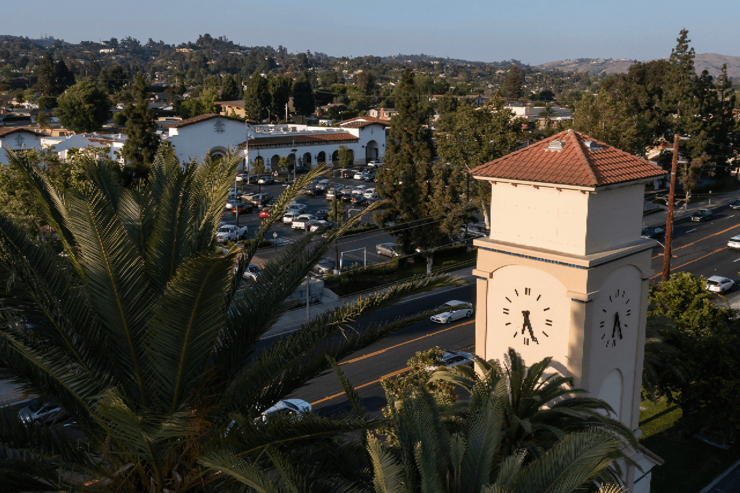 Sunset aerial view of the public clock tower of downtown La Habra, California,
