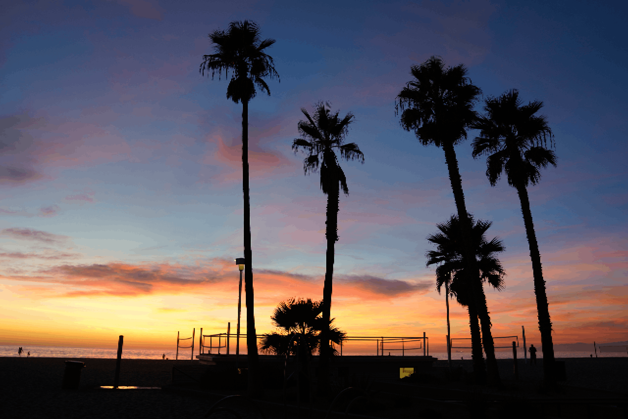 A mesmerizing scene of silhouetted Sunset over palm trees in Hermosa Beach, California.