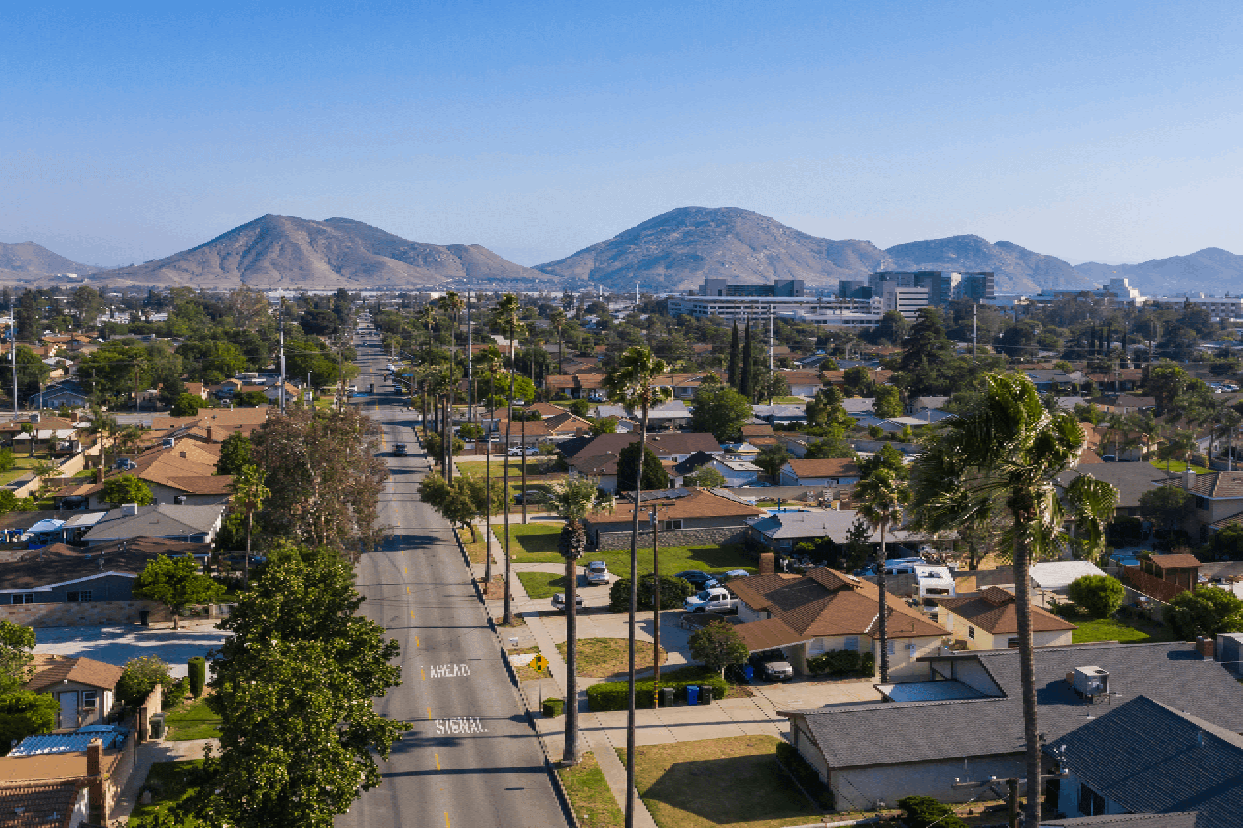 Daytime aerial view of the city center of Fontana, California.