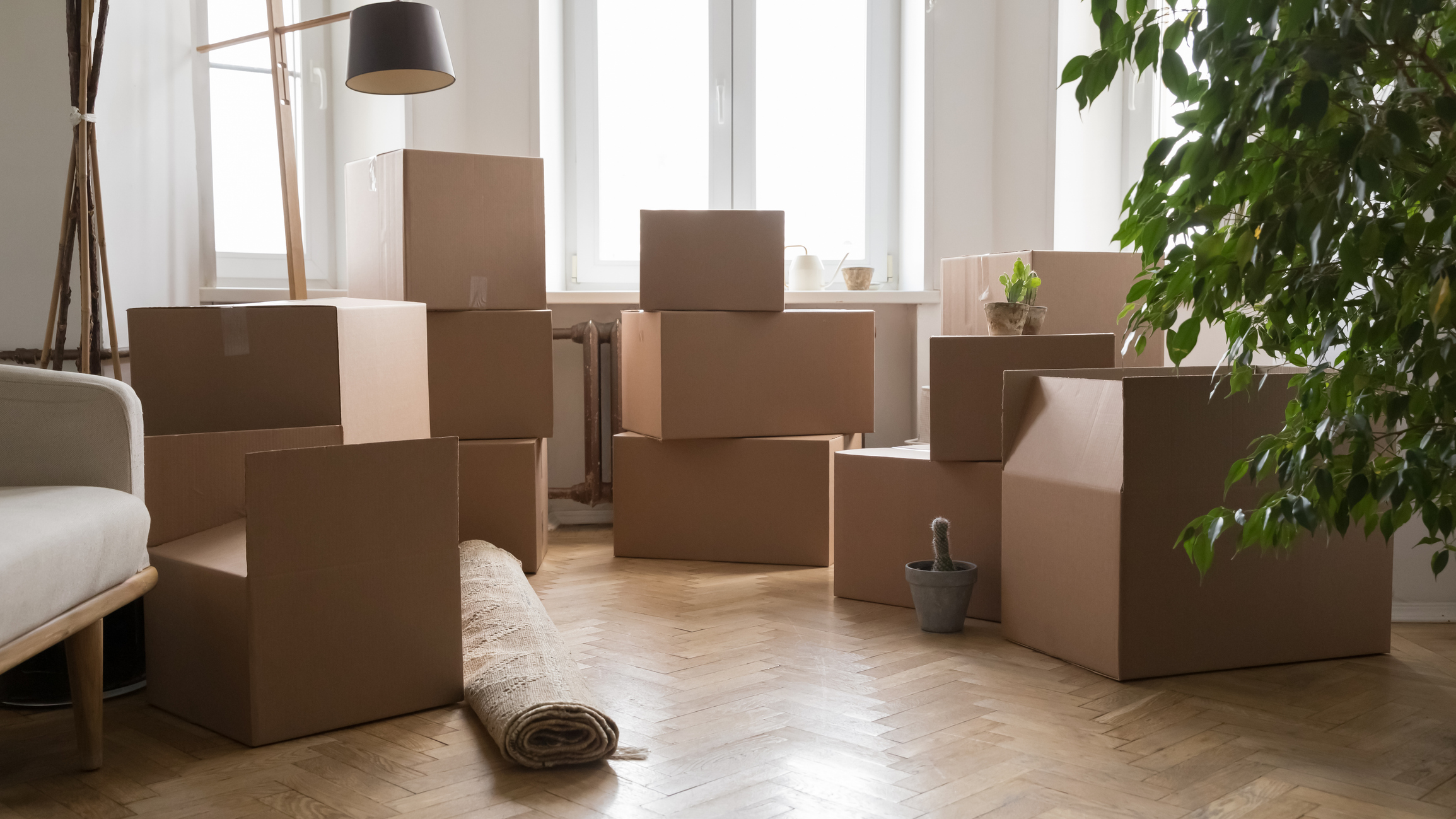 Large stack of moving boxes in living room.