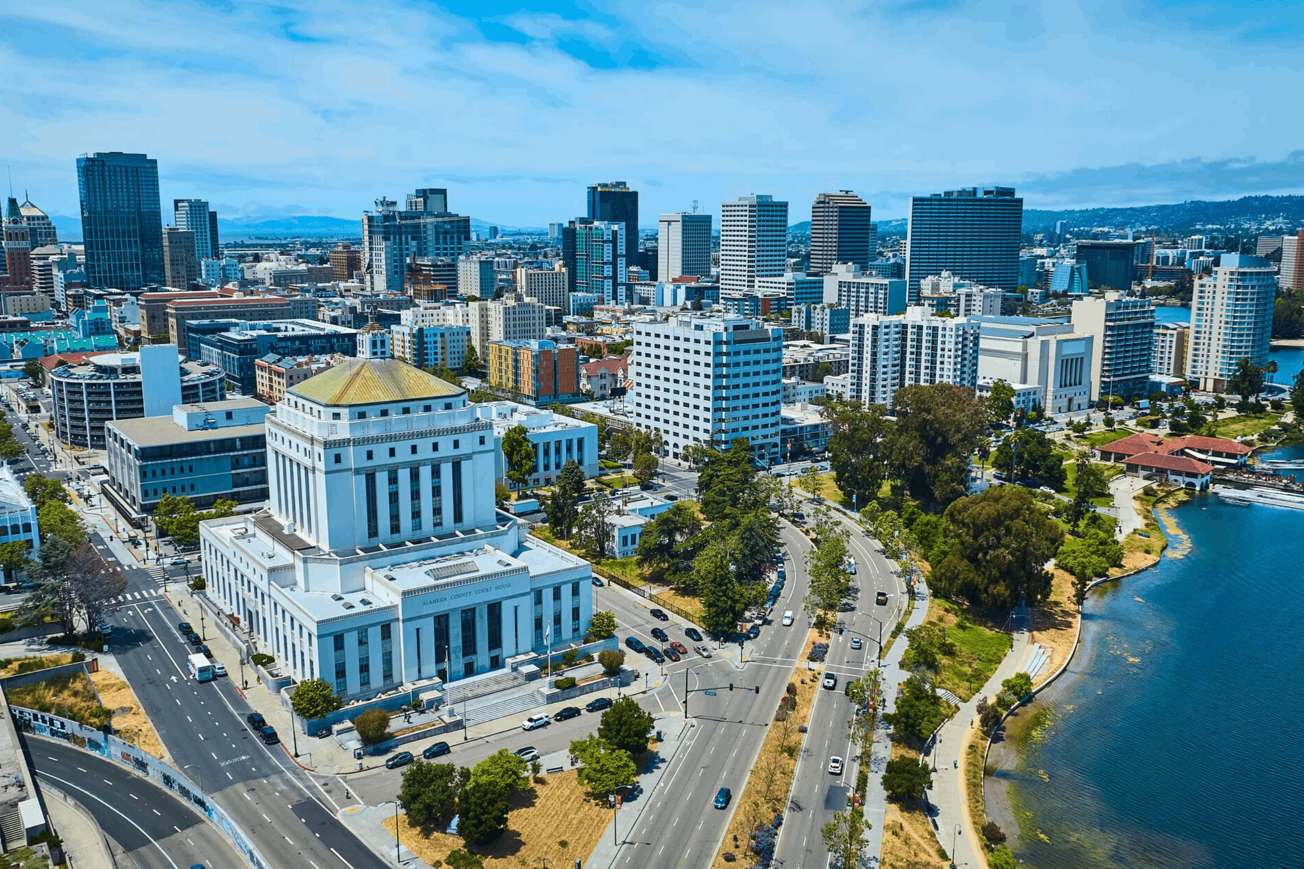 Image of Wide view of Oakland in California with aerial of Alameda County Superior Courthouse