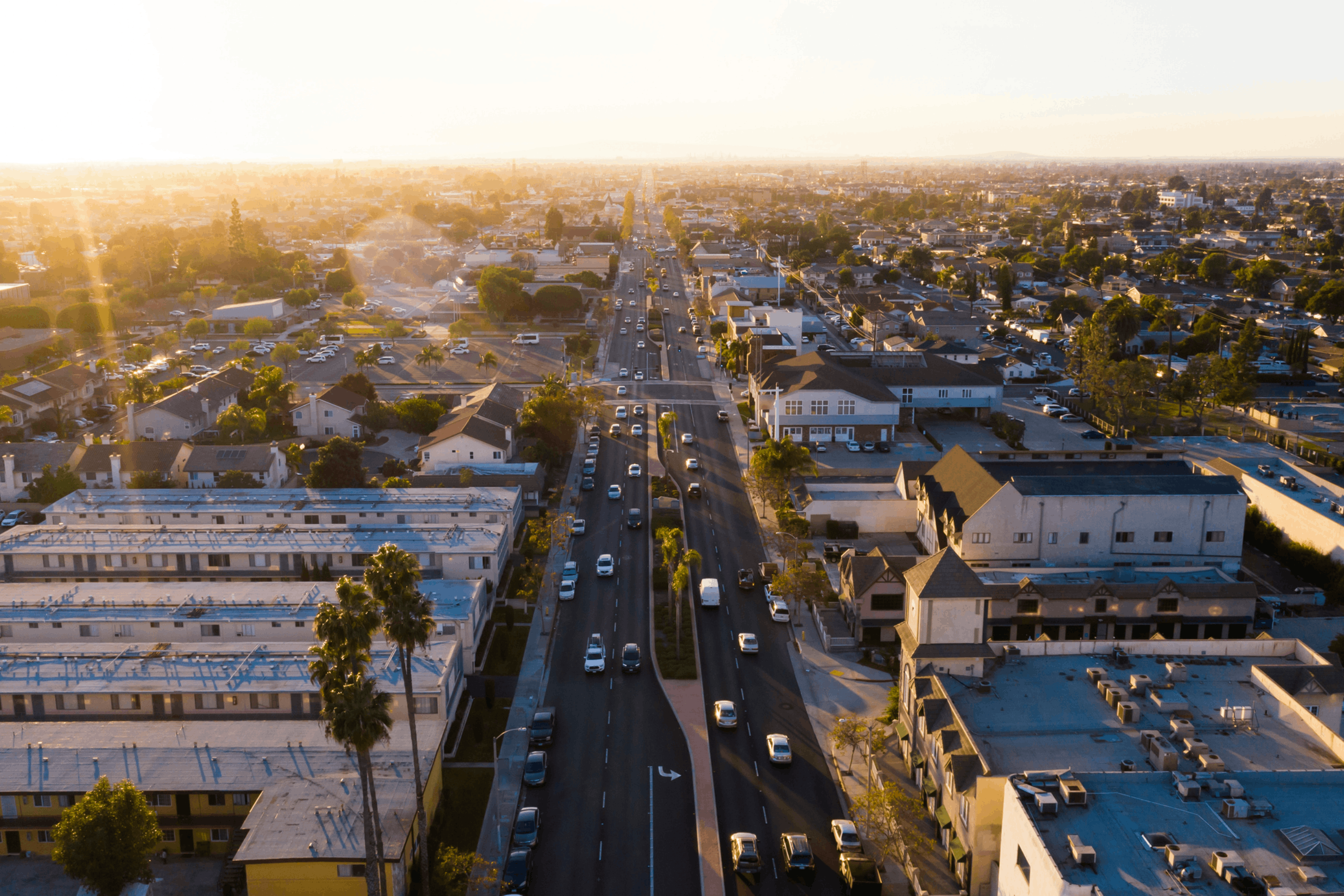 Sunset aerial view of the downtown district of Westminster, California, USA.