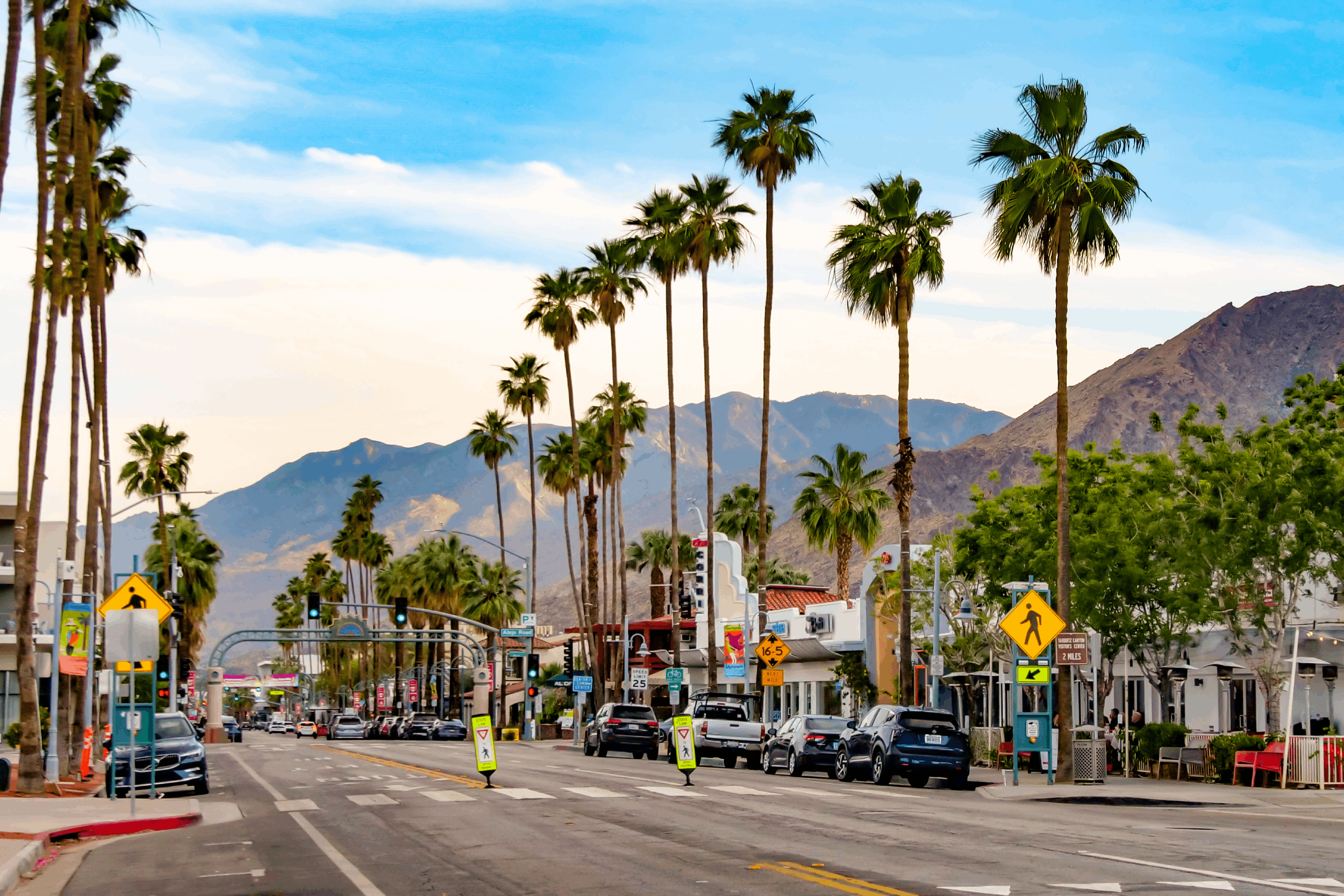 View of downtown Palm Springs with a line of palm trees, the mountains, and the blue sky.