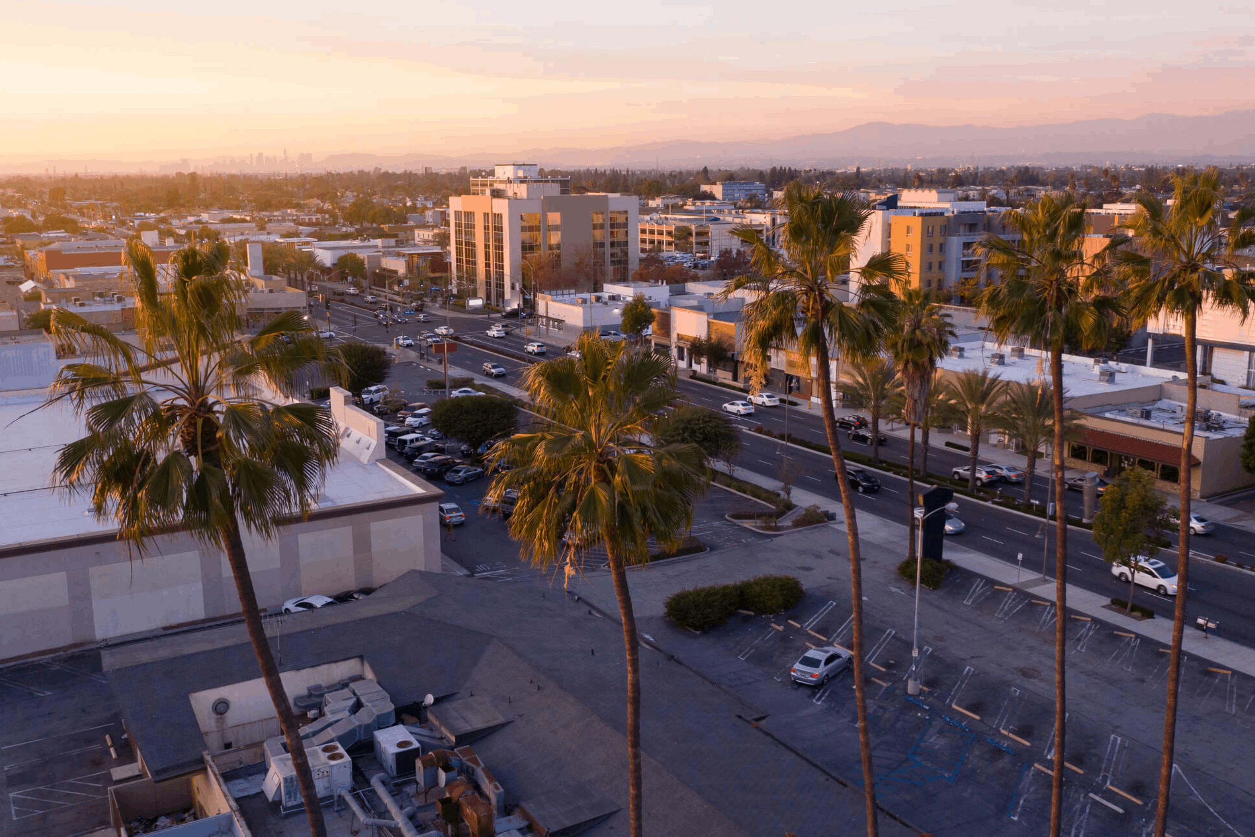 Sunset aerial view of downtown Downey, California, USA.