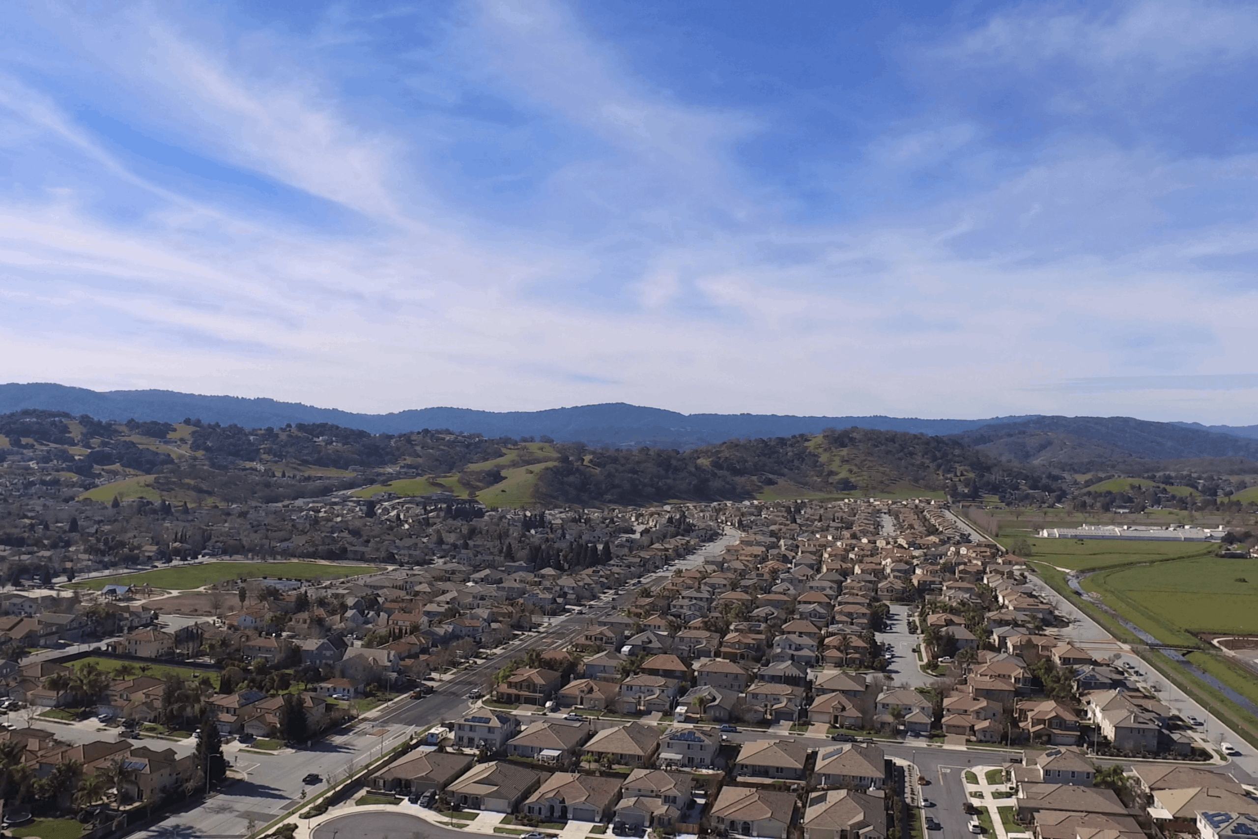 Aerial view of Gilroy (Garlic capital of the world), California, USA, from drone shot.