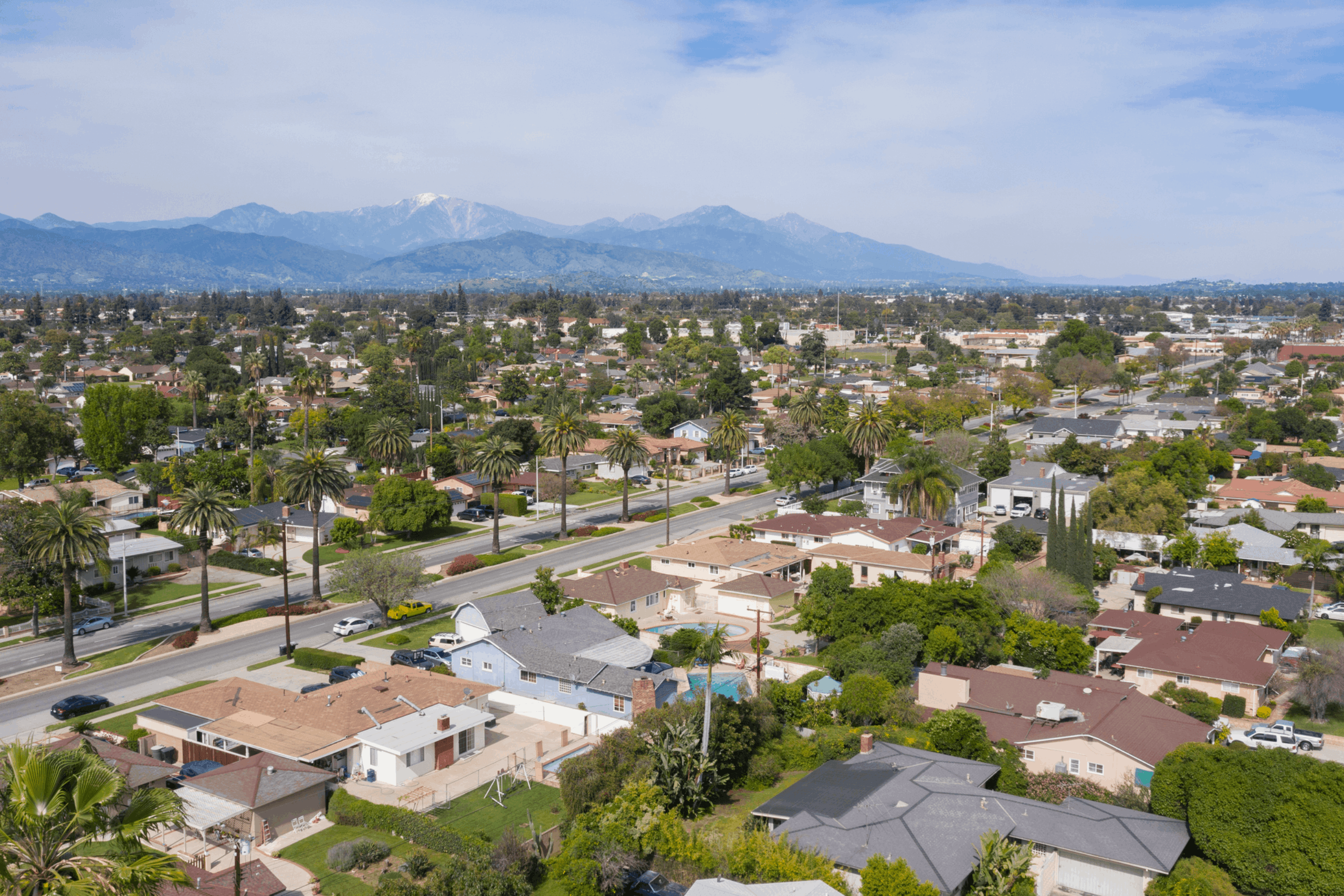Daytime aerial view of the urban center of West Covina, California.