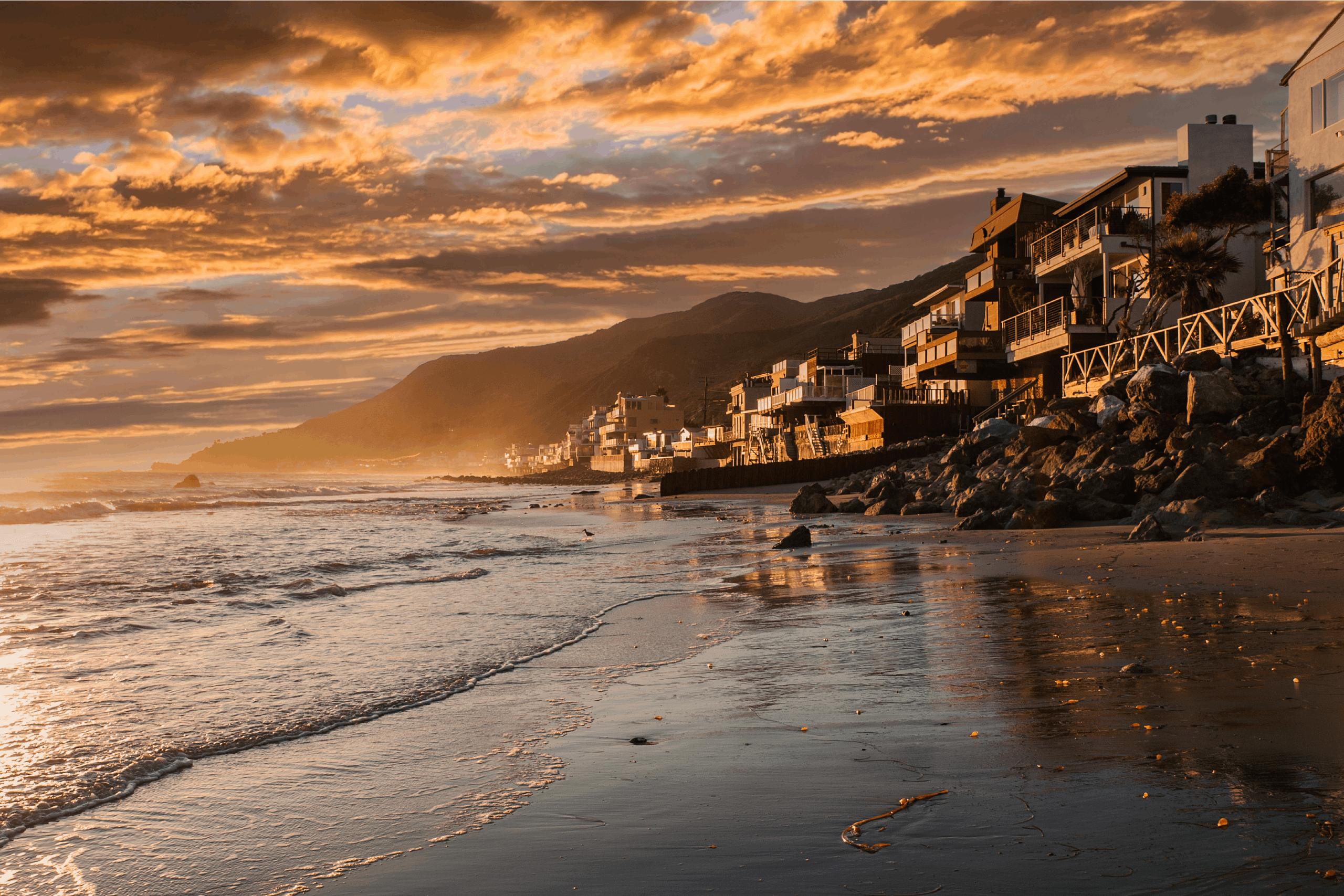 Sunset view of Topanga beach in scenic Malibu, California.