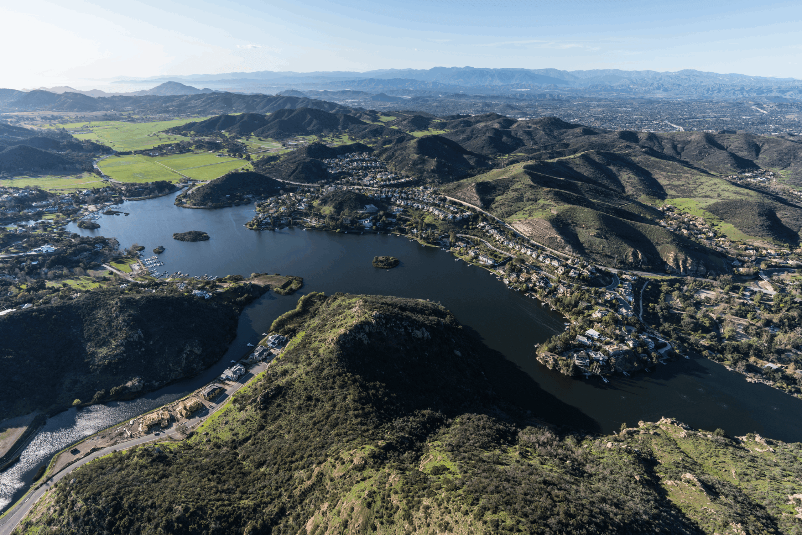 Aerial view of Lake Sherwood, Hidden Valley and the Santa Monica Mountains near Westlake Village, Malibu and Thousand Oaks California.