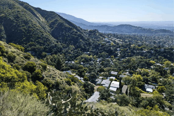 View from the Mt. Wilson Trail looking out to Sierra Madre and Arcadia in the foothills of the San Gabriel Mountains, Los Angeles County, California