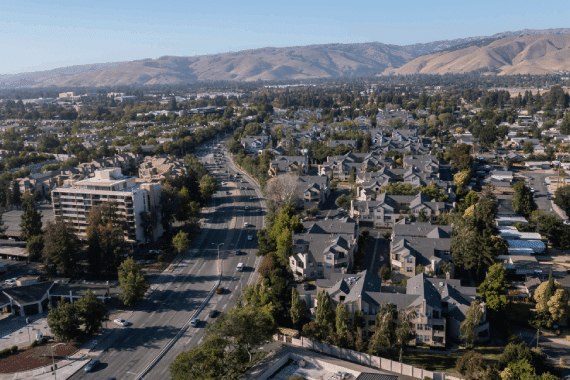 Afternoon aerial view of the city of Fremont, California, USA.
