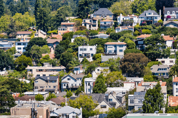Aerial view of residential neighborhood built on a hill, Berkeley, San Francisco bay, California.