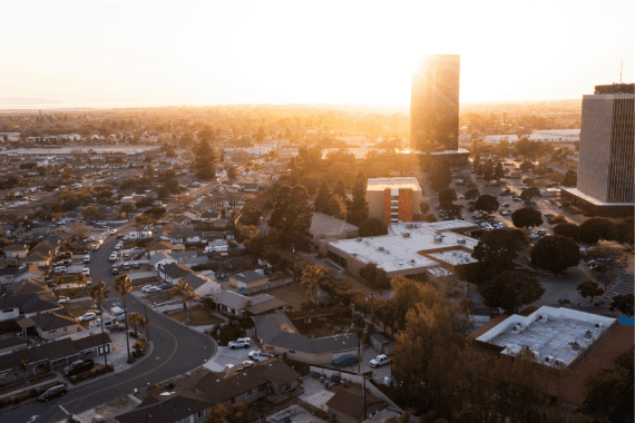 Sunset aerial view of the downtown skyline of Oxnard, California, USA.